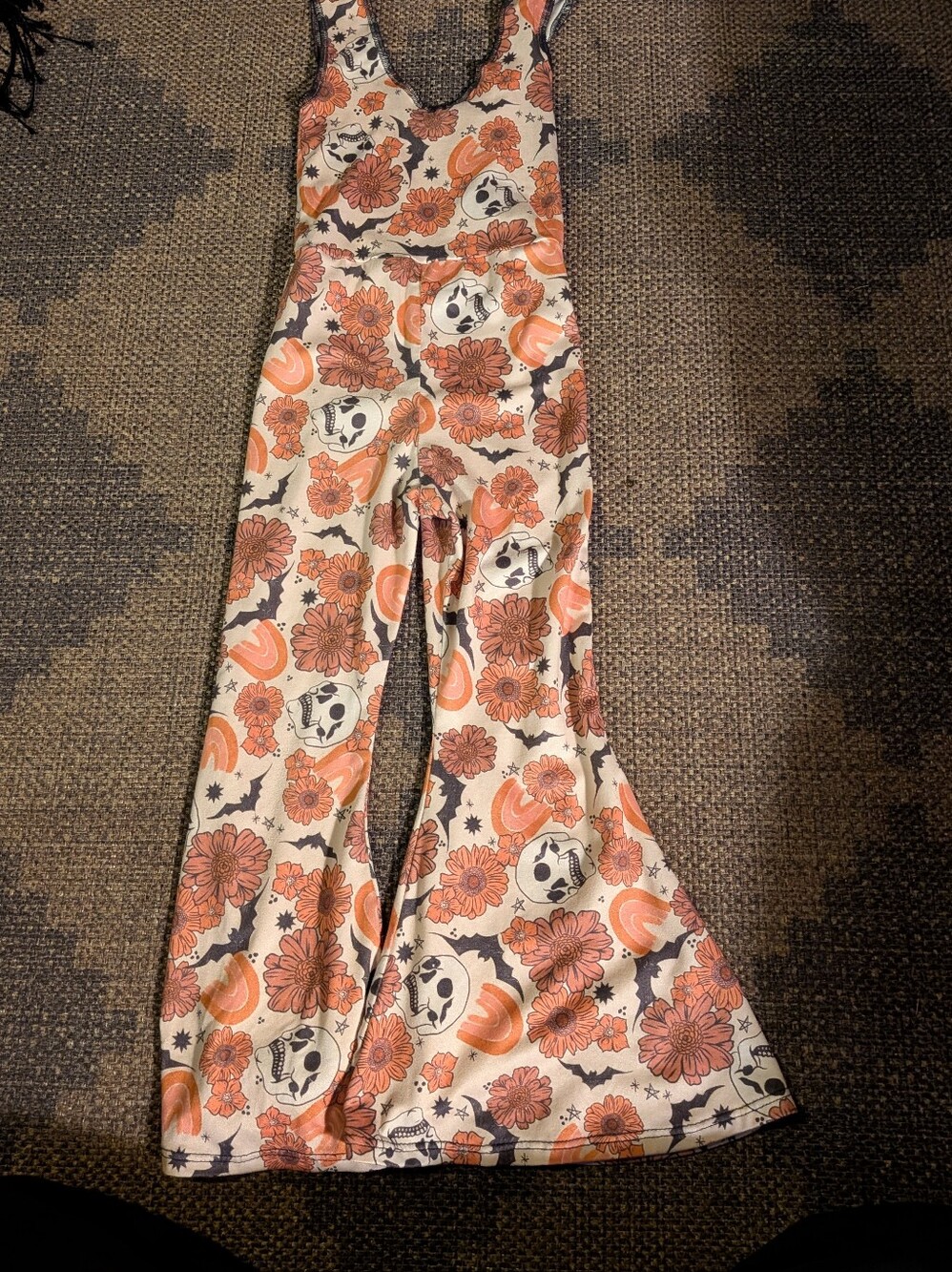 Toddler Halloween Cream & Orange Floral Skull Flare Jumpsuit